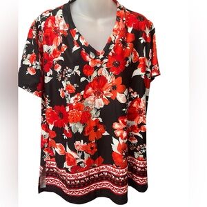 White Birch Red Floral Short-Sleeve V-Neck Blouse Size XL